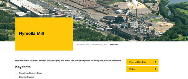 Papierwerk Nymölla auf der Website von Stora Enso: Sylvamo führt Produktion der Multicopy-Papiere weiter. (Bild: Screenshot Website)
