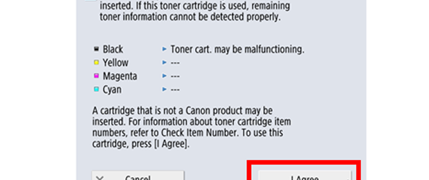 „A cartridge that is not a Canon product“: Canon muss seit Dezember 2021 einige Tonerkartuschen ohne Chip ausliefern, die Warnung auf dem Display der Geräte müssen Nutzer nun händisch wegklicken. (Bild: Canon)