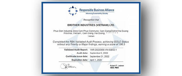 Ehrgeizige Ziele gesetzt: Brother Industries (Vietnam) hat als erstes Unternehmen der Brother-Gruppe die Gold-Zertifizierung der RBA erhalten.